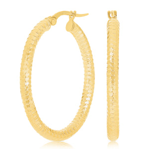 Italian 14k Yellow Gold Honeycomb Medium Hollow Oval Hoop Earrings 1.3"