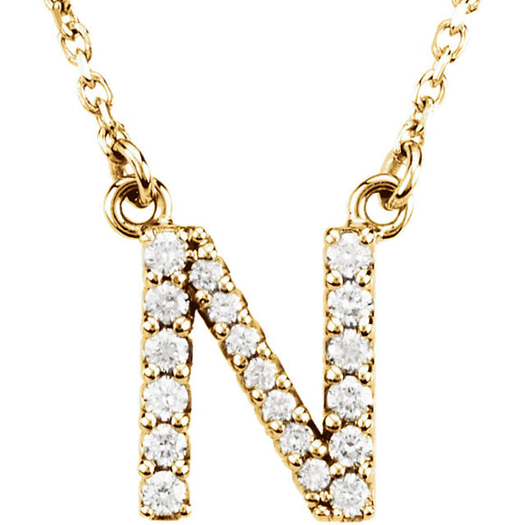 14k Yellow Gold Diamond Initial Letter N Alphabet Rolo Pendant Necklace 18