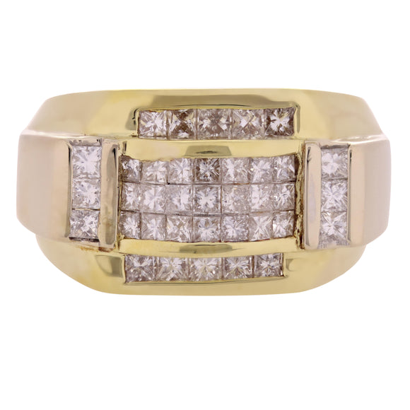 Men's 18k Yellow Gold 2.50ctw Diamond Double Scrolling Square Top Ring Size 11