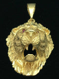 14k Yellow Gold Diamond Cut Lion Head Charm Pendant with Ruby Eyes 10.5-11 grams