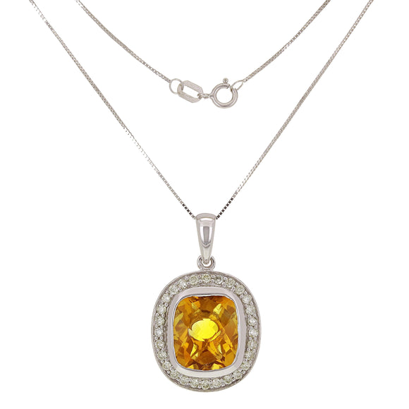 10k White Gold 0.55ctw Citrine, Yellow & White Diamond Cushion Pendant Necklace