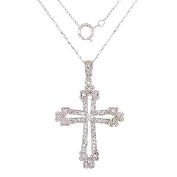 14k White Gold 0.25ctw Diamond Celtic Cross Heart Accent Pendant Necklace 18