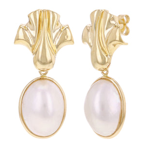 14k Yellow Gold Oval Fresh Water Pearls Dangle Earrings 1.4" 10.1 grams