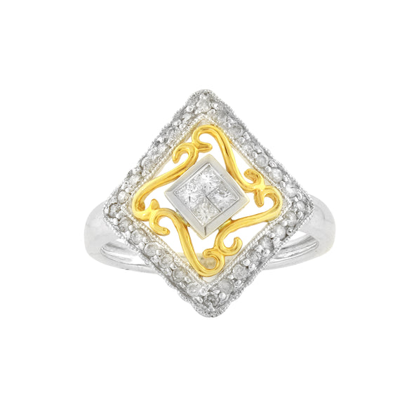 18k Two Tone Gold Filigree Round & Princess Cut Diamond Ring Size 6.5
