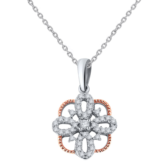 14k Rose & White Gold 0.20ctw Diamond Filigree Flower Drop Pendant Necklace 18