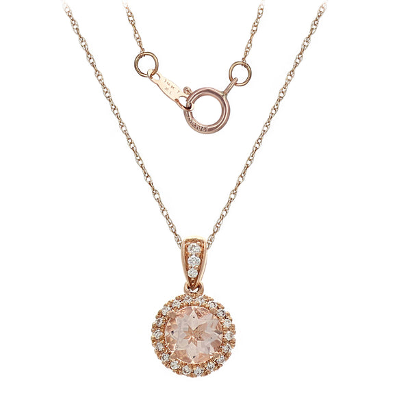 14k Rose Gold 0.15ctw Morganite & Diamond Circle Halo Drop Pendant Necklace 18