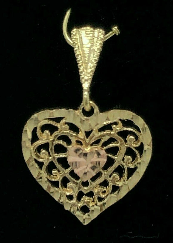 14k Two Tone Rose and Yellow Gold Solid Filigree Heart Charm Pendant 1.1 grams