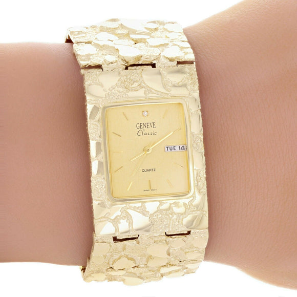 10k Yellow Gold Nugget Wrist Watch Link Geneve Diamond Watch 9.75