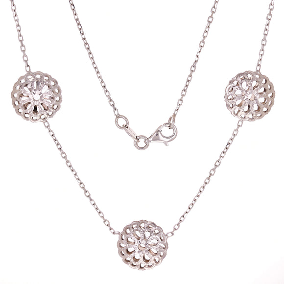 14k White Gold Filigree Triple Round Flower Pendant Rolo Chain Necklace 17