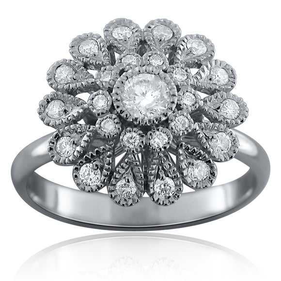14k White Gold 0.65ctw Diamond Flower Cluster Vintage Style Ring Size 7
