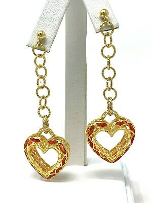 Italian 14k Yellow Gold Enamel Heart Dangling Earrings 2.8
