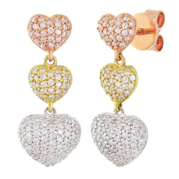 18k Tri Color Gold 0.75ctw Diamond Pave Triple Heart Dangle Earrings