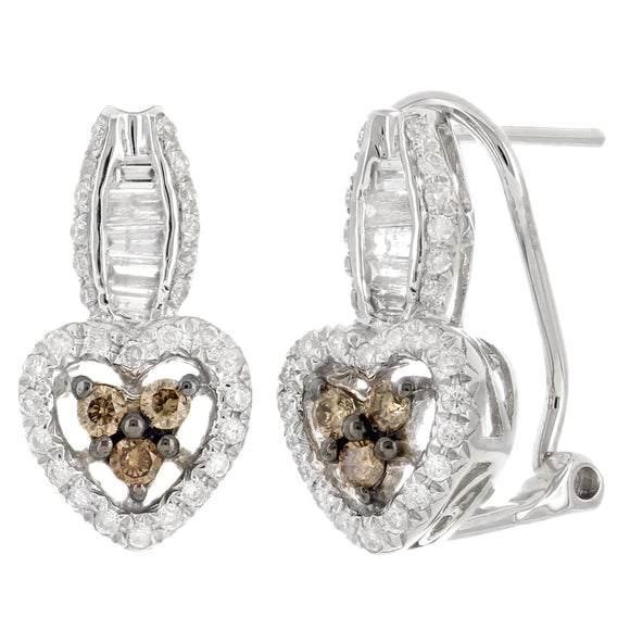 14k White Gold 0.60ctw Brown & White Diamond Heart Drop Earrings