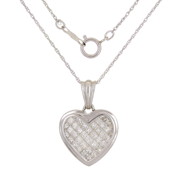 14k White Gold 1.05ctw Princess Diamond Heart Pendant Necklace 18