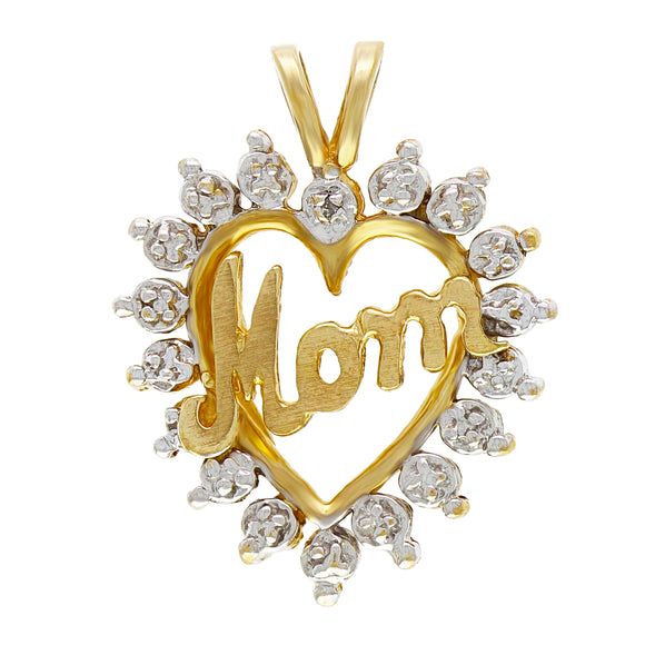 14k Yellow Gold 0.01ctw Diamond Accent MOM Design Heart Charm Pendant