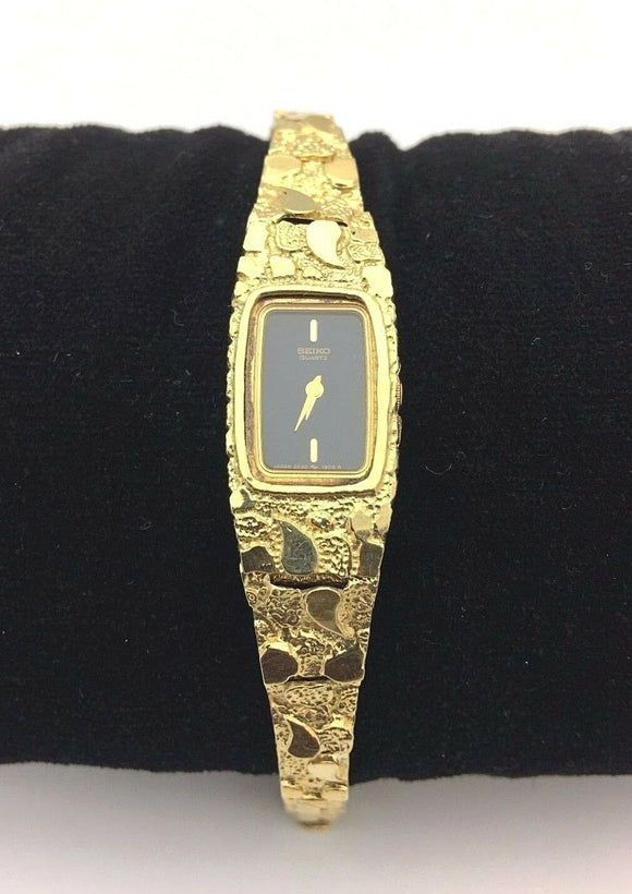 14k Yellow Gold Nugget Wrist Watch Link Band with Seiko Watch 6.5