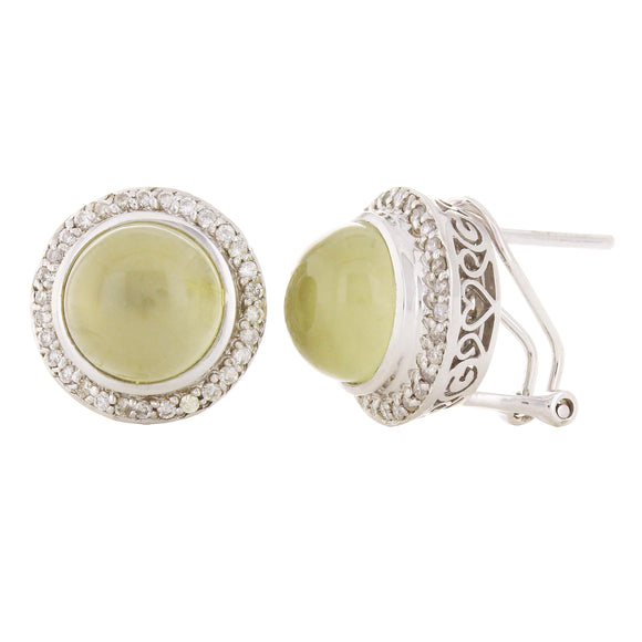 14k White Gold 0.25ctw Lemon Quartz Cabochon & Diamond Button Earrings