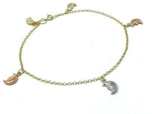 14k Tri Color Gold Moon Charm Anklet Bracelet 10" 4 grams