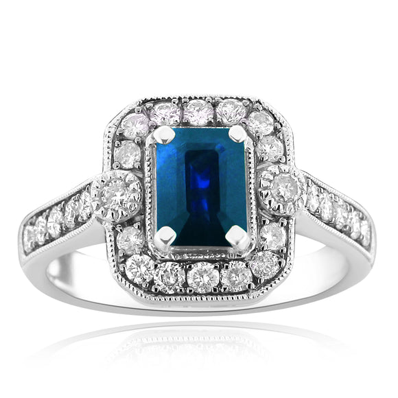 14k White Gold 1.51ctw Sapphire & Diamond Vintage Style Ring Size 6.5