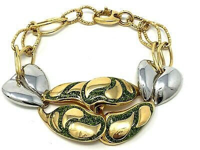 Italian 14k Two Tone Gold Enamel Heart Charm Bracelet 7