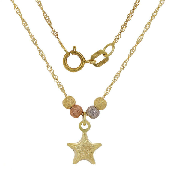 14k Tri Color Gold Ball Beads Star Charms Singapore Chain Necklace 17