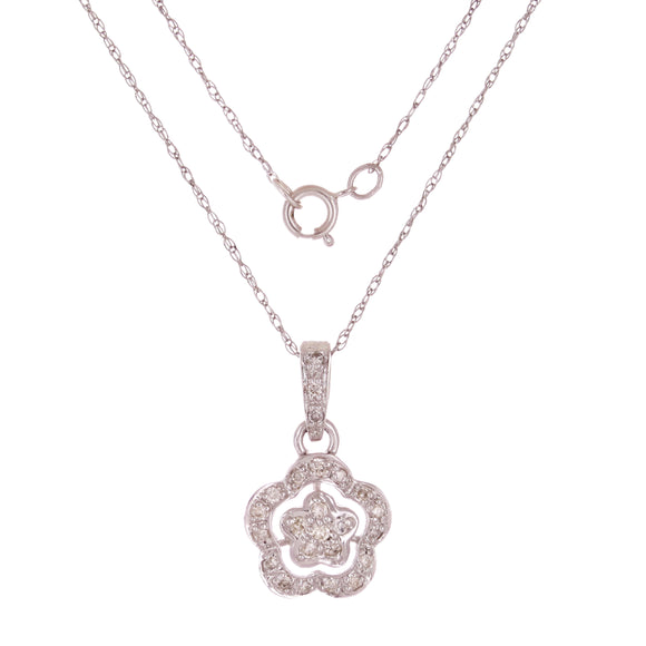 14k White Gold 0.16ctw Diamond Floral Halo Drop Pendant Necklace