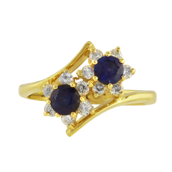 10k Yellow Gold Two Stone Blue Sapphire with Diamond Ring Flower Design Sze 5.75