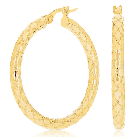 Italian 14k Yellow Gold Diagonal Snare Design Medium Hollow Hoop Earrings 1.3