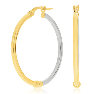 Italian 14k Yellow & White Gold Polished Hollow Large Hoop Earrings 1.2" 1.7gram