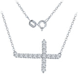 14k White Gold and Diamond Sideways Horizontal Cross Stationary Pendant Necklace