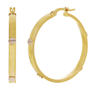 Italian 14k Two-Tone Gold Hollow Screw Design Hoop Earrings 1.2" 3mm 2.7 grams