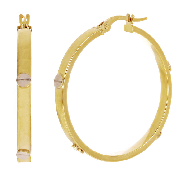Italian 14k Two-Tone Gold Hollow Screw Design Hoop Earrings 1.2