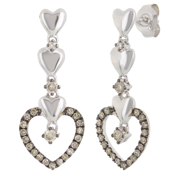 10k White Gold 0.50ctw Brown Champagne Diamond Multi Heart Dangle Earrings 1.1