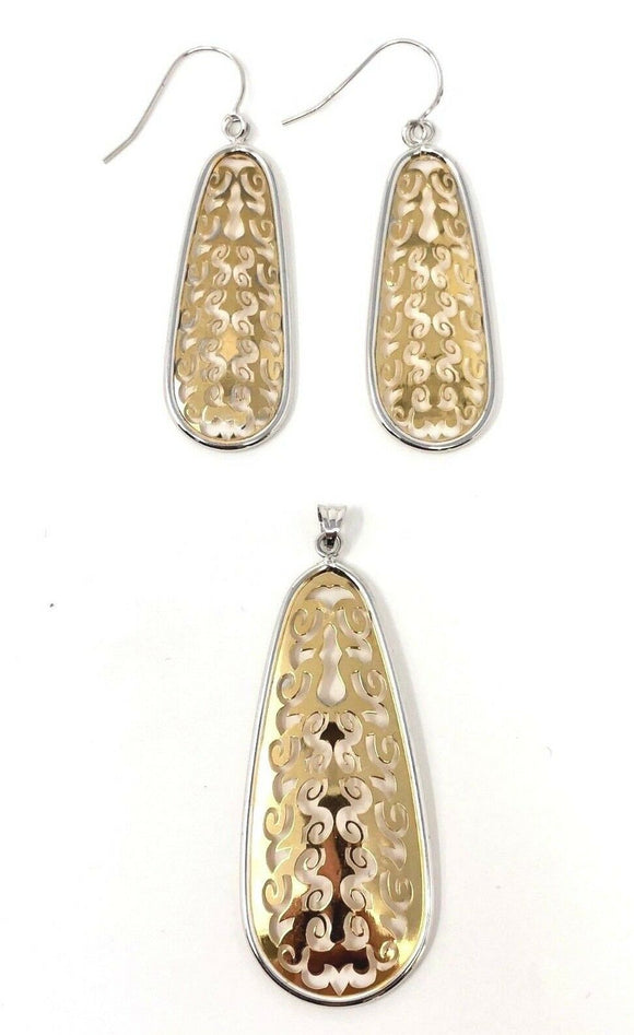 Italian 14k Two Tone Gold Long Filigree Dangling Earrings & Pendant Set 6 grams