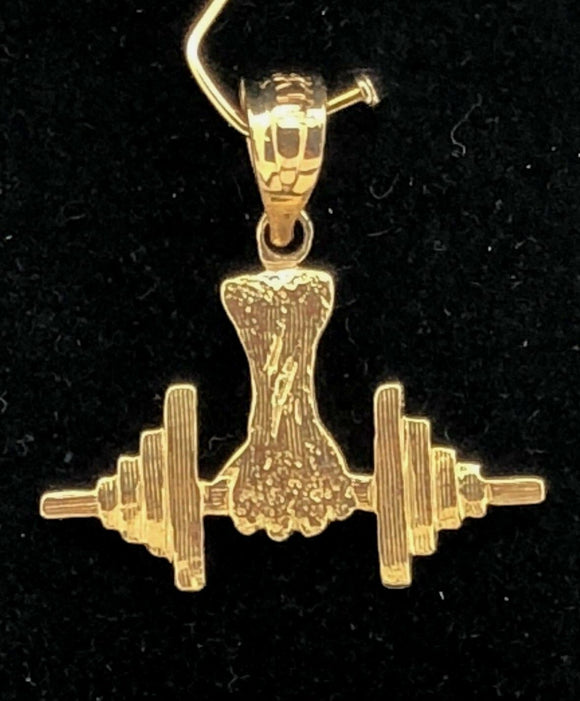 14k Yellow Gold Body Builder Weight Lifting Barbell Charm Pendant 0.8 gram