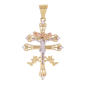14k Tri Color Gold Caravaca Cross Crucifix Pendant with Cubic Zirconia 2.1" 7.3g