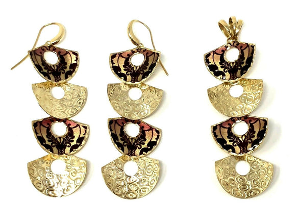Italian 14k Yellow Gold Floral Print Drop Dangling Earrings & Pendant Set
