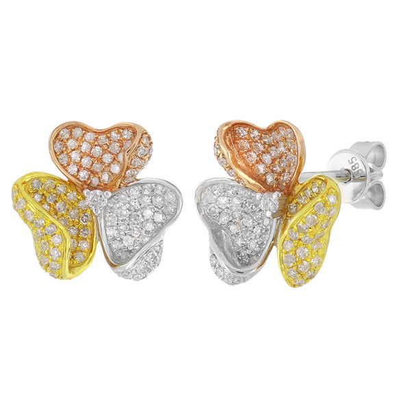 14k Tri Color Gold 0.64ctw Diamond Pave Flower Stud Earrings