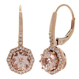 14k Rose Gold 0.18ctw Morganite & Diamond Halo Dangle Drop Lever Back Earrings
