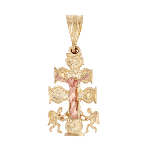 14k Yellow & Rose Gold Caravaca Cross Crucifix Charm Pendant 1.2" 2.9 grams