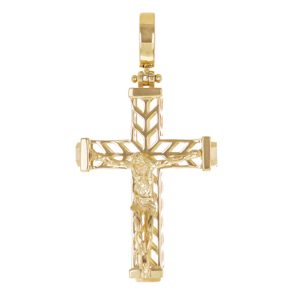Italian 14k Yellow Gold 3D Double Sided Crucifix Cross Charm Pendant 1.7
