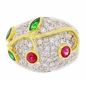 14k Yellow Gold 1.49ctw Emerald Ruby & Diamond Pave Leaf & Vine Ring Size 6.5