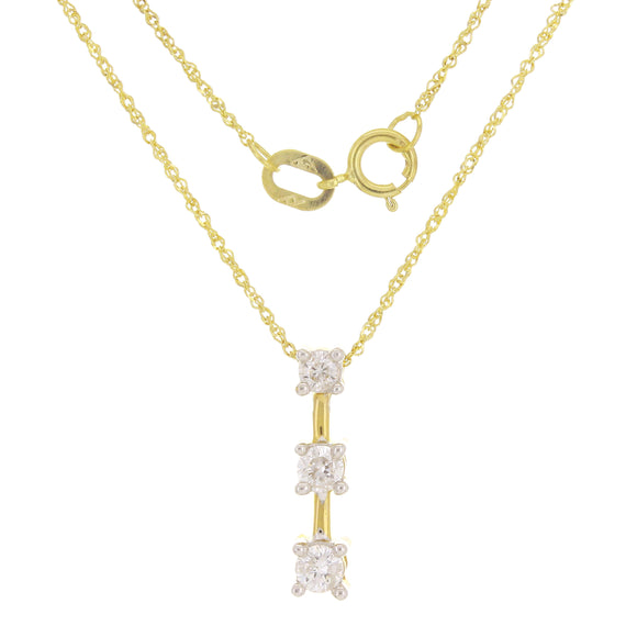 14k Yellow Gold 0.50ctw Diamond Three-Stone Bar Pendant Necklace 18