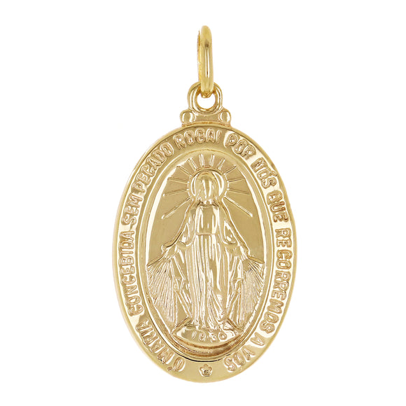 14K Gold Mary Mother of God Miraculous Medal with Words Oval Medal Pendant 2.2g