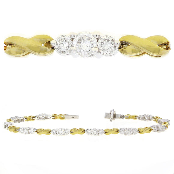 14k Yellow Gold 2.50ctw Diamond 3-Stone Link XOXO Hugs & Kisses Tennis Bracelet