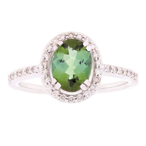 14k White Gold 0.37ctw Green Tourmaline & Diamond Halo Engagement Ring Size 6.5