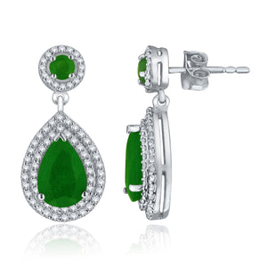 14k White Gold 0.75ctw Emerald & Diamond Pear Dangle Drop Earrings