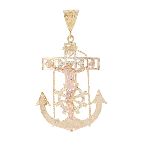14k Yellow & Rose Gold Jesus Christ Crucifix Mariner Anchor Pendant 2.4