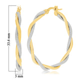 Italian 14k Yellow & White Gold Lattice Design Twisted Hollow Hoop Earrings 1.3"