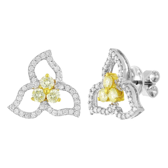 18k Two Tone Gold 1.42ctw Yellow & White Diamond Flower Stud Earrings